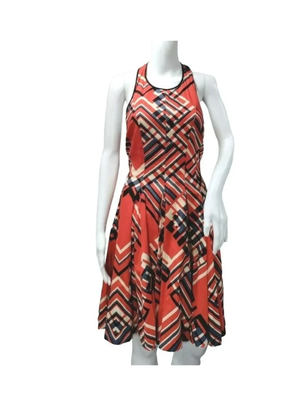 Calvin Klein Womens Fit & Flare with Pockets 8 Red Multi-Color Size M Geometric - Picture 2 of 11